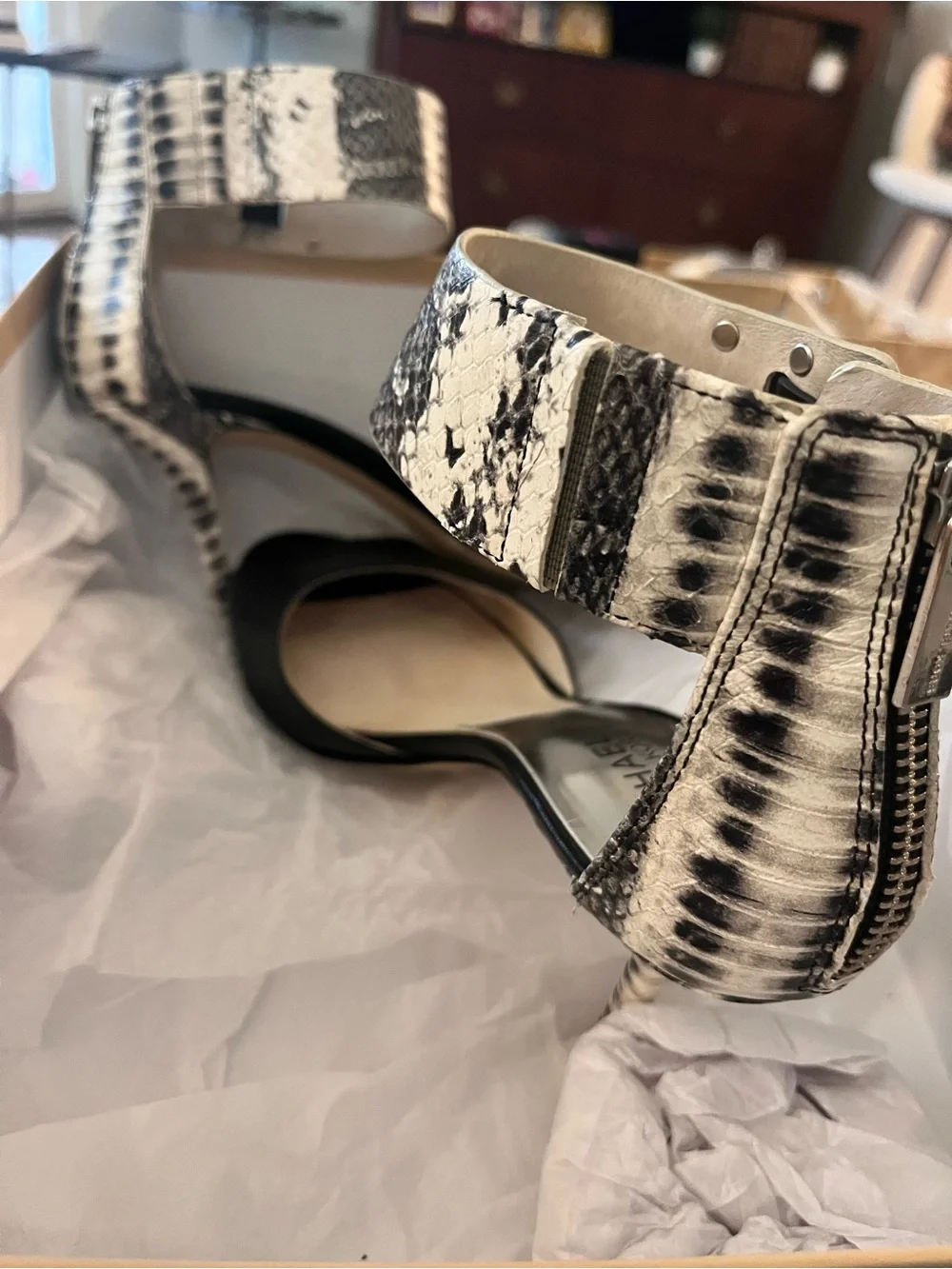 Michael Kors Black Leather Open-Toe Heels with Snakeskin-Ankle Strap